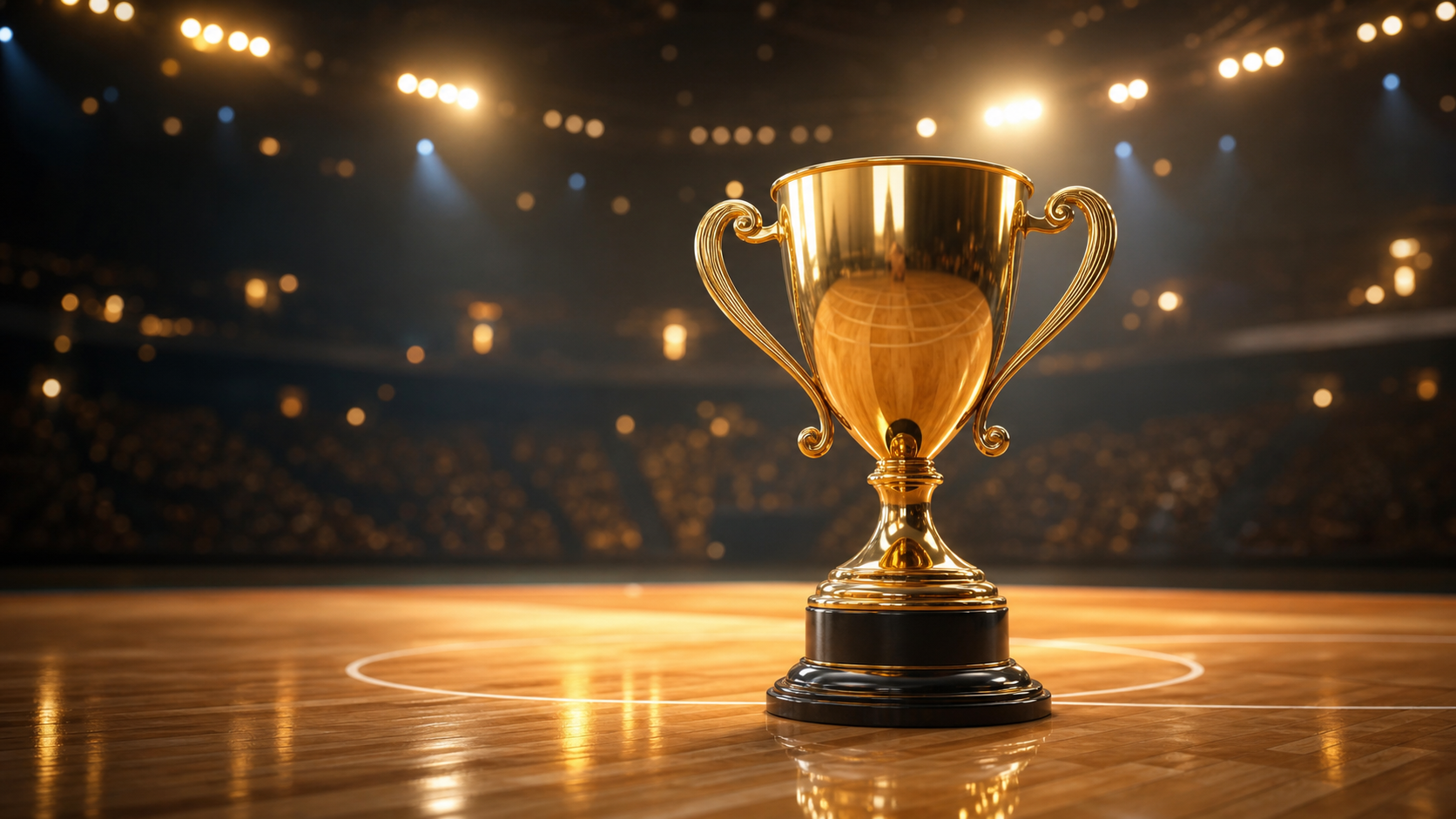 Gold trophy on a basketball court
